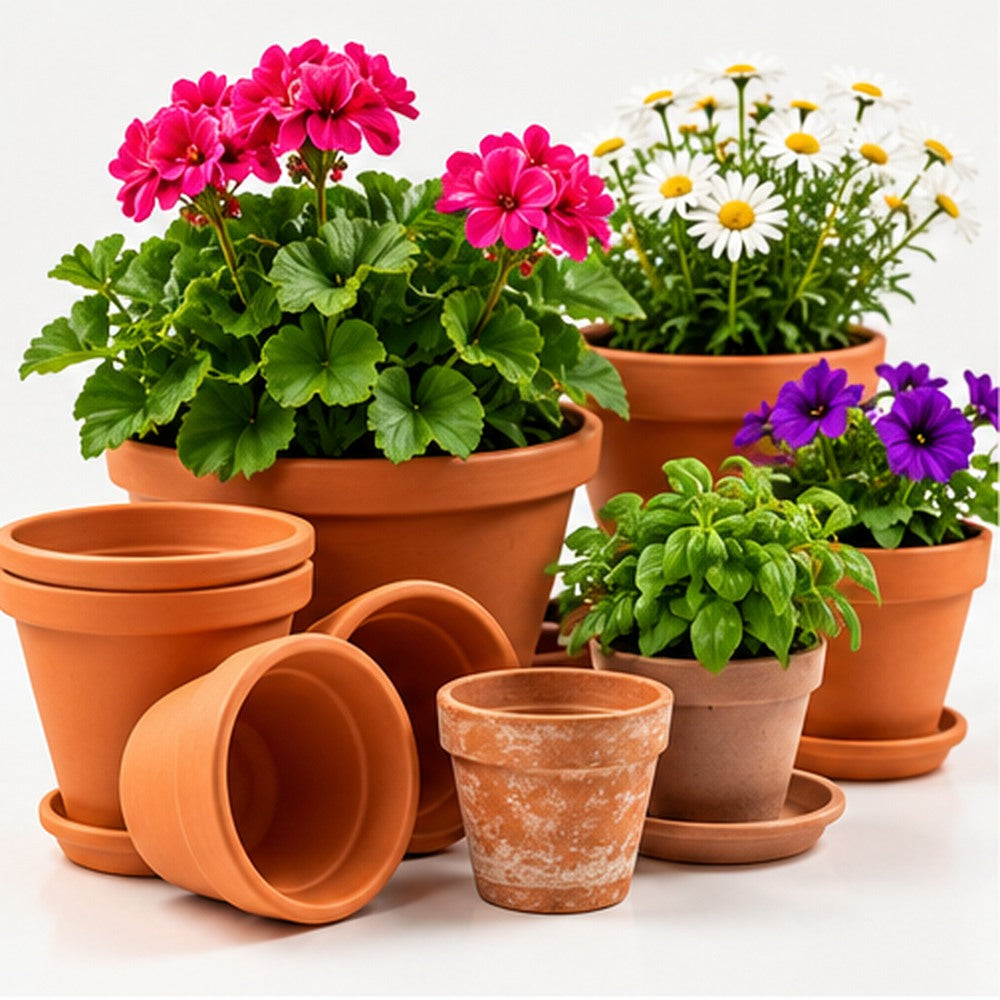 Macetas y jardineras de terracota con flores y plantas, sin embalajes