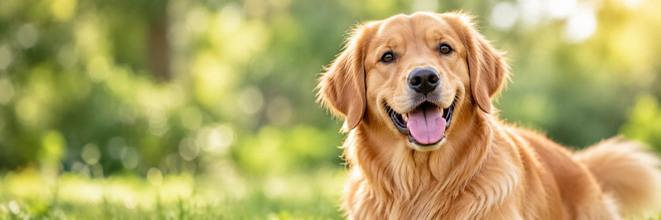 Perro golden retriever en un jardín, categoría de productos para perros