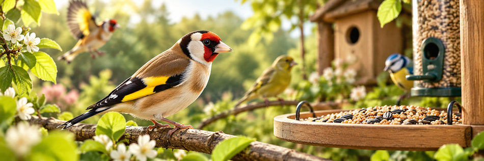 Jilguero en un jardín con comederos de aves, colección Pájaros