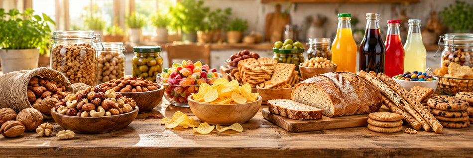 Selección de frutos secos, patatas, pan, golosinas y bebidas sobre mesa de madera