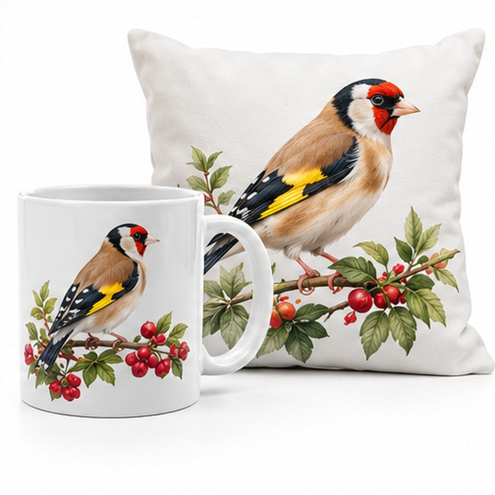 Taza y cojín decorativo con dibujos de jilgueros