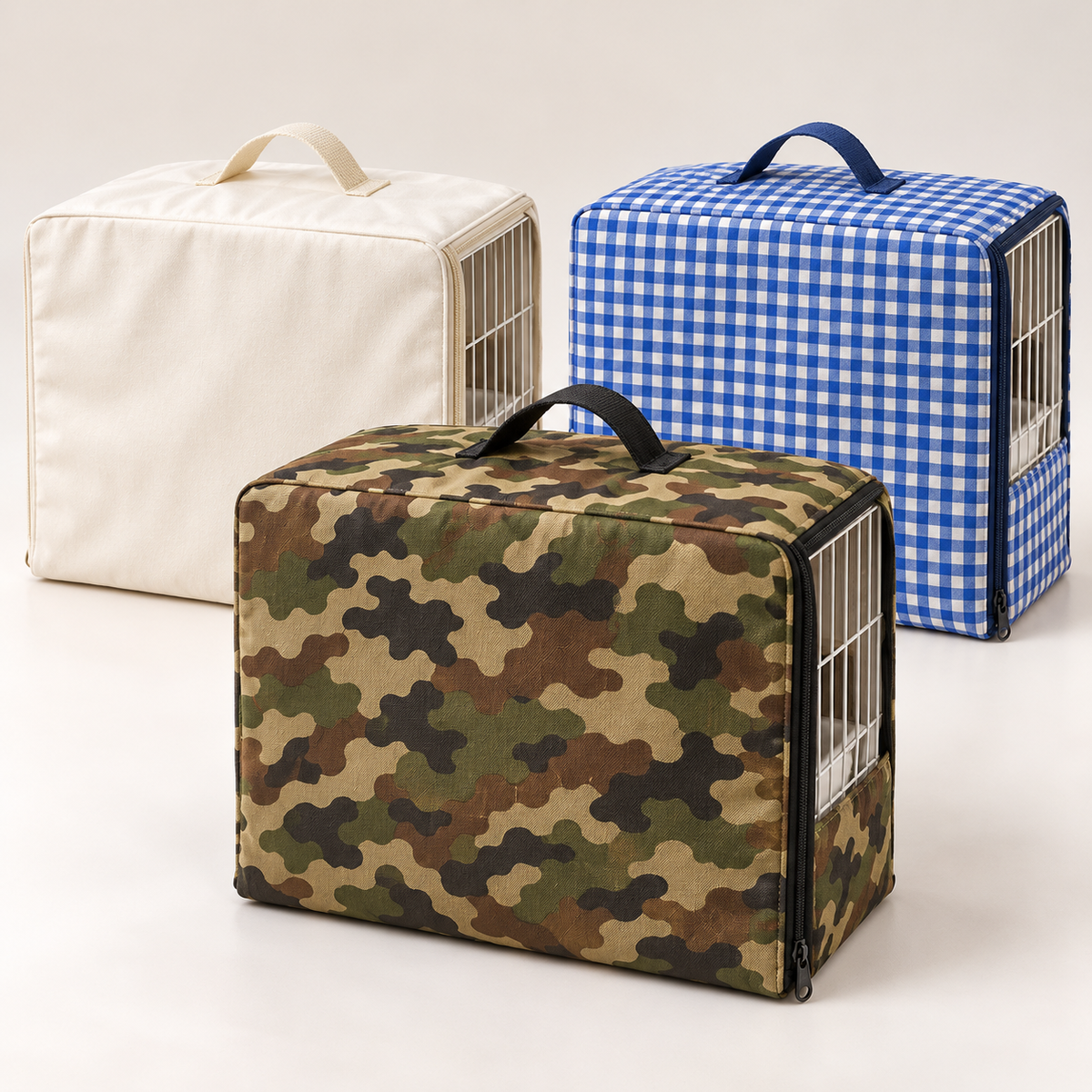 Ilustración de fundas clásicas para jaulas C2 en color blanco, cuadros azules y camuflaje