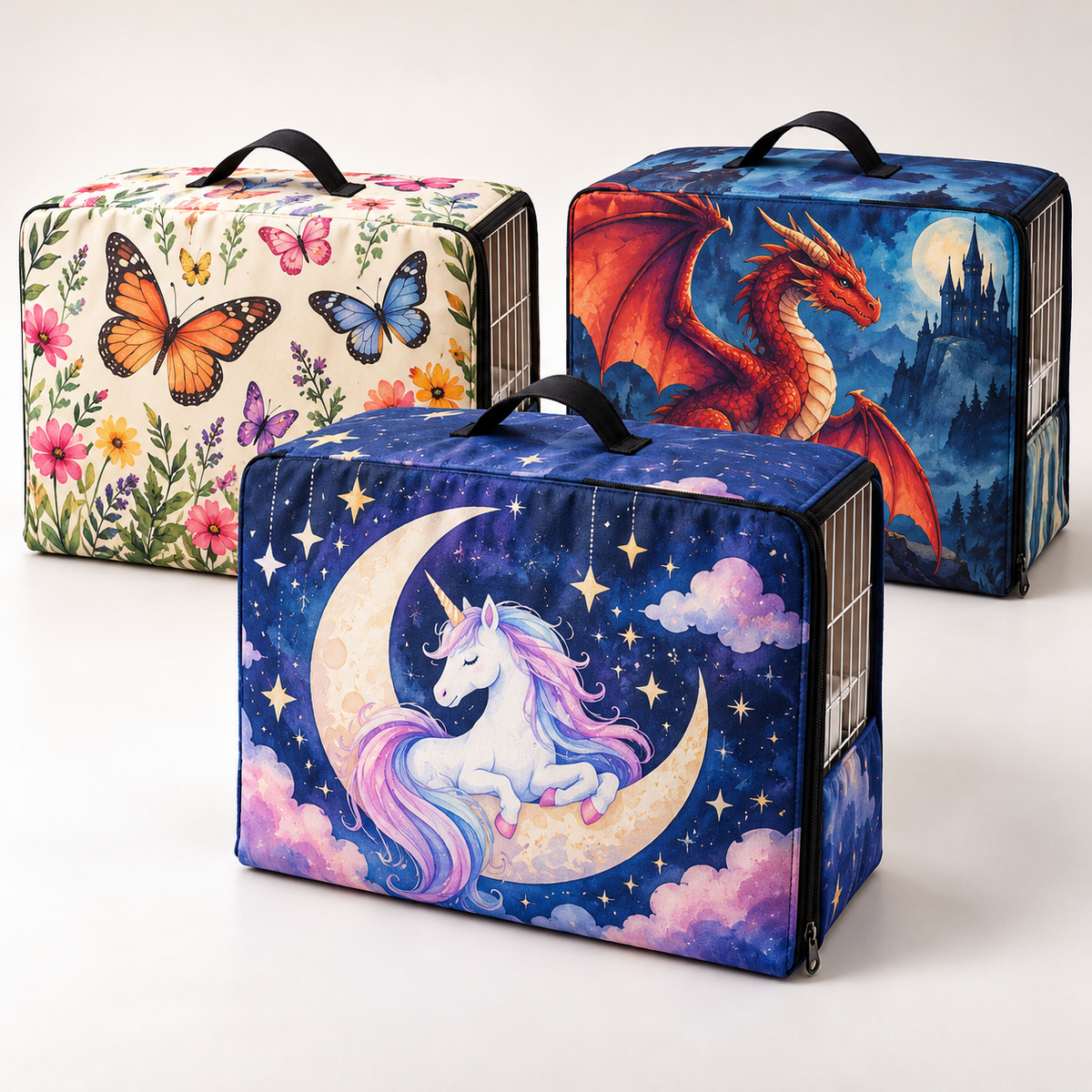 Ilustración de fundas para jaulas C2 con estampados de fantasía, dragón y mariposas