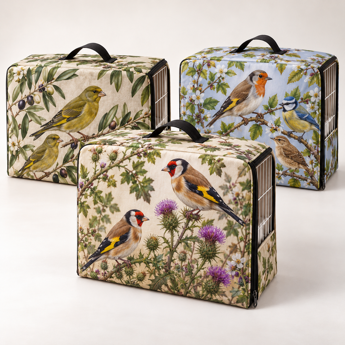Ilustración de tres fundas para jaulas C2 con jilgueros, aves silvestres y plantas