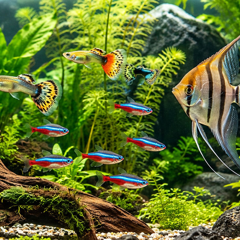 Acuario natural con peces tropicales y plantas acuáticas