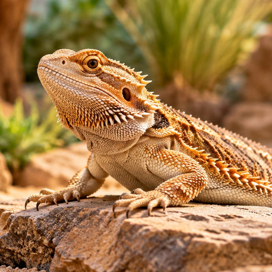 Terrario natural con dragón barbudo y roca