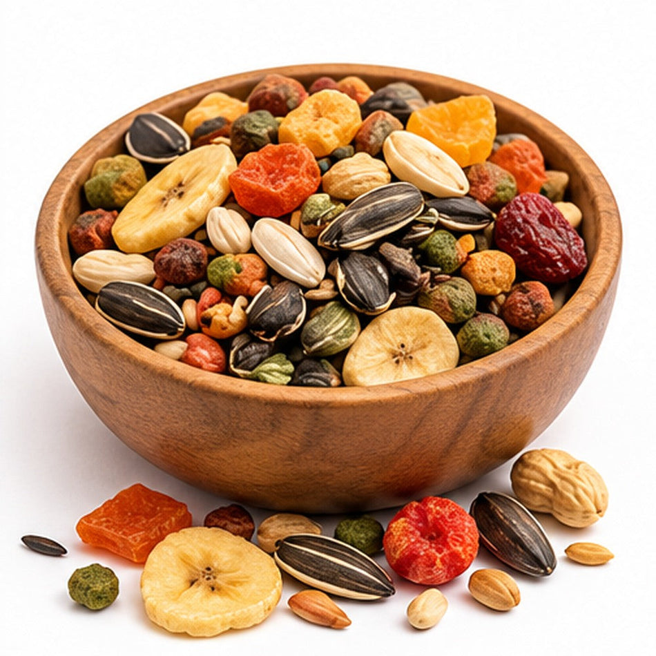 Mixtura para agapornis y ninfas con semillas, fruta deshidratada y pellets