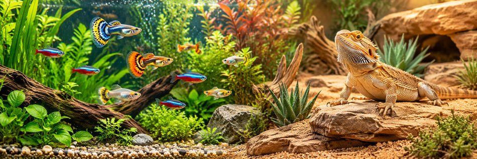 Peces tropicales de acuario y dragón barbudo en terrario natural - Peces y Reptiles