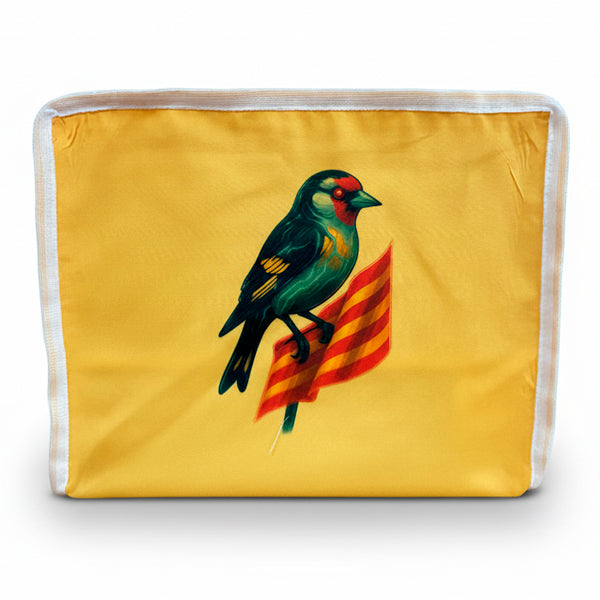 Funda para jaula C2 jilguero con bandera Cataluña – Tela lavable opaca con cremallera y asa, diseño exclusivo y elegante