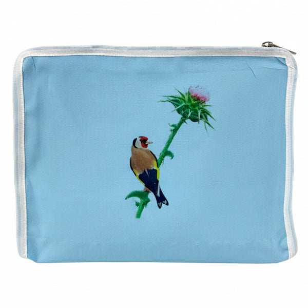 Funda para jaula C2 jilguero en rama de cardo – Tela opaca lavable con cremallera y asa, diseño artístico y natural