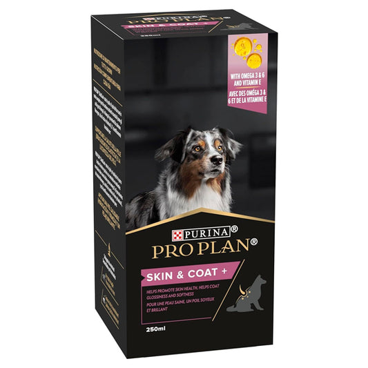 Suplemento Purina ProPlan Skin&Coat para Cães 250 ml - Suplemento nutricional para cães com problemas de cabelo e pele.