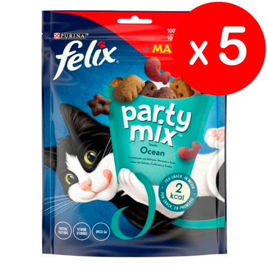 Felix Purina Party Mix Oceano, Lanche, Guloseima para Gato com Salmão, Peixe Branco e Truta, 5 sacos de 200g