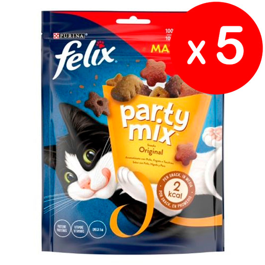 Purina Felix Party Mix Original, Lanche, Guloseima para Gato com Frango, Fígado e Peru, Maxi Pack 5 sacos de 200g