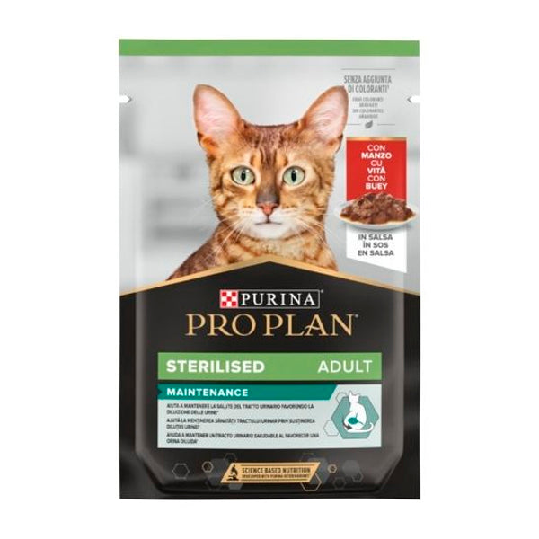 Purina Pro Plan Sterilised Maintenance Buey en Salsa 85 g | Comida Húmeda Completa para Gatos Adultos Esterilizados | Sobre Individual