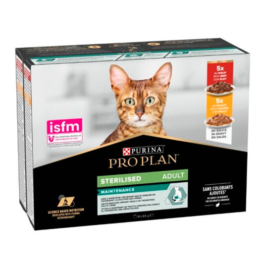 Proplan Purina Gato Esterilizado: Ideal para Gatos Castrados - 10 Envelopes de 85g, Frango e Carne