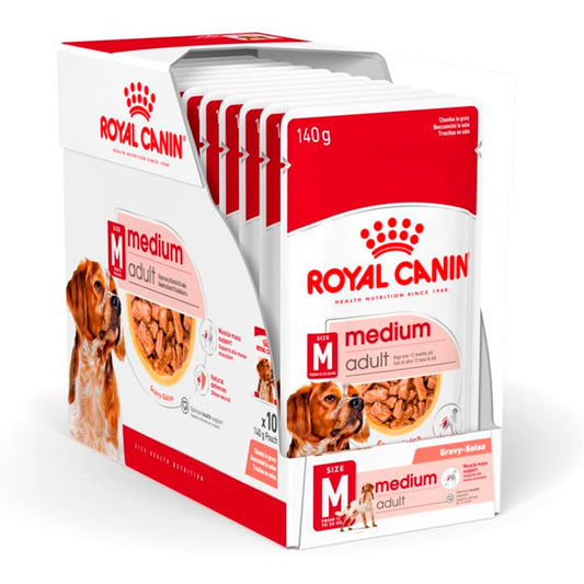 Real Canin Médio Adulto: Alimento Mã Especial para Cães Adultos Médio, traseiro de 10 envelopes de 140g