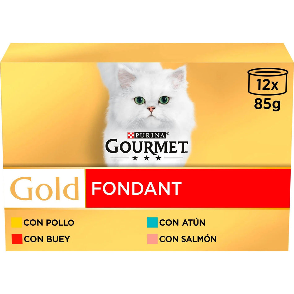 Pack Gourmet Gold Fondant surtido pollo buey atún salmón 12 latas de 85 g