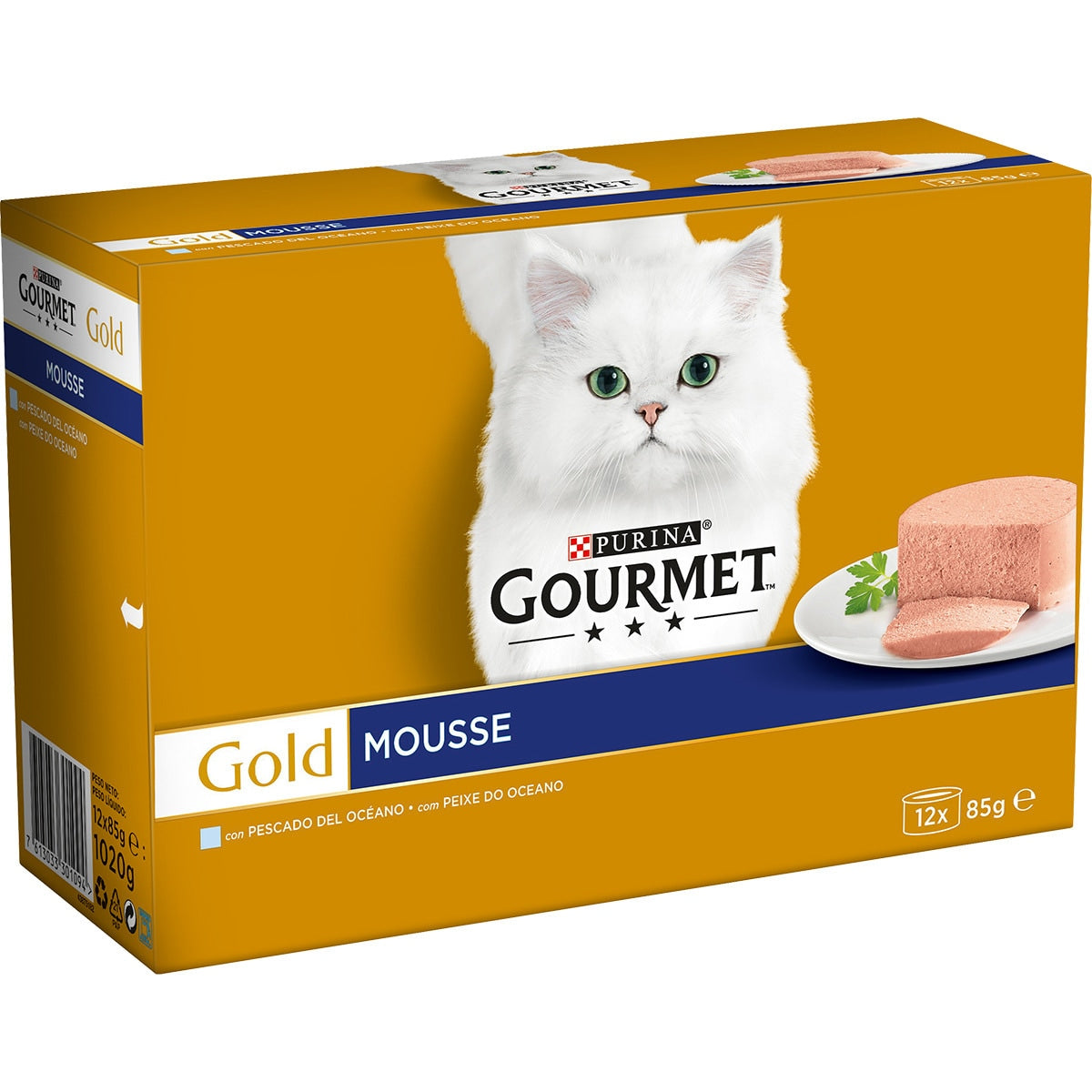 Caja Purina Gourmet Gold Mousse pescado del océano 12 latas de 85 g para gatos